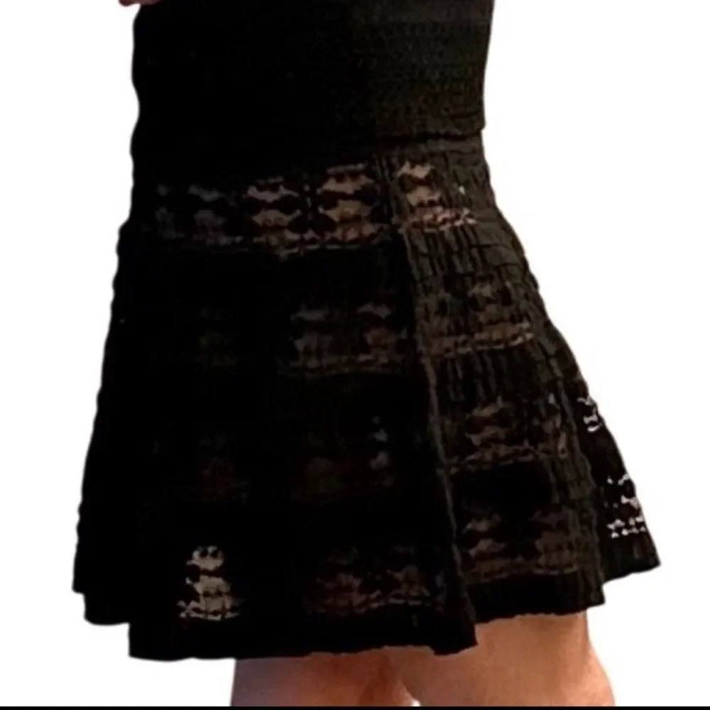 Y2K Mesh Lace Black Nude Sheer Fit & Flare Stretch Mini Skirt S Vintage